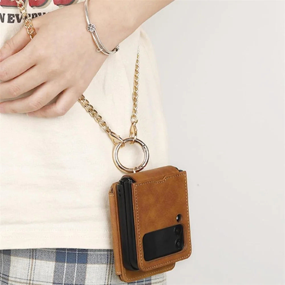 For Samsung Galaxy Z Flip5 5G Case Card Holder Leather + PC Phone Cover with Finger Ring - Purple - 6