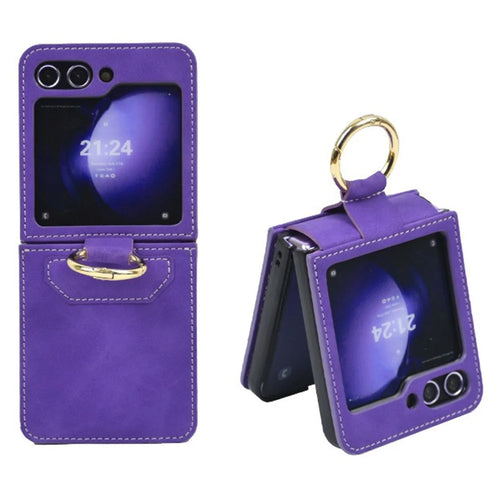 For Samsung Galaxy Z Flip7 FE 5G / Z Flip6 5G Case Ring Holder Kickstand Leather + PC Phone Cover - Purple - 1
