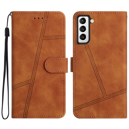 For Samsung Galaxy S22+ 5G Vintage Skin-touch Feeling Lines Decor PU Leather Shockproof Cover Anti-drop Flip Stand Phone Wallet Case - Brown - 1