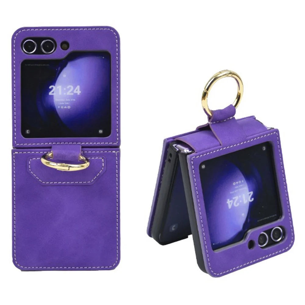 For Samsung Galaxy Z Flip5 5G Case Leather Coated PC Phone Cover with Ring Kickstand - Purple - 1