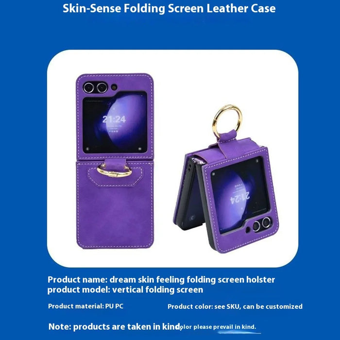 For Samsung Galaxy Z Flip5 5G Case Leather Coated PC Phone Cover with Ring Kickstand - Purple - 2