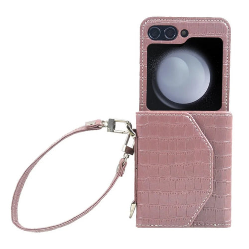 For Samsung Galaxy Z Flip5 5G Case Bamboo Texture Card Slot Leather+PC Phone Handbag - Pink - 1