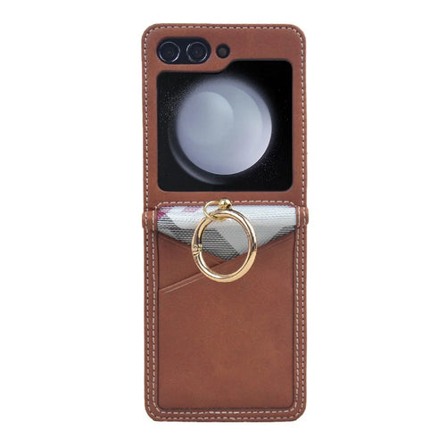 For Samsung Galaxy Z Flip5 5G Case Card Slot Ring Holder Leather+PC Phone Cover - Dark Brown - 1