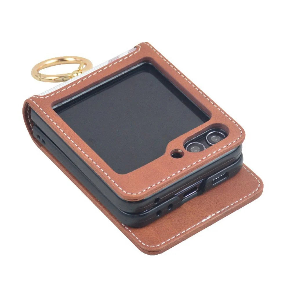 For Samsung Galaxy Z Flip7 FE 5G / Z Flip6 5G Case Metal Ring Card Holder Leather Coated PC Phone Cover - Dark Brown - 2