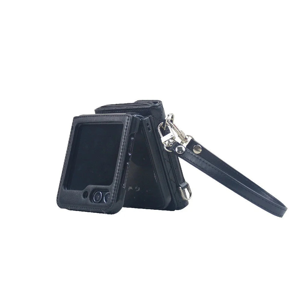 For Samsung Galaxy Z Flip5 5G Case Rhombus Pattern Leather PC Wallet Phone Cover with Strap - Black - 4