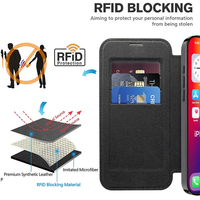 For iPhone 16 Pro Max Magnetic Case Card Slots RFID Blocking Leather Phone Cover - Black - 5