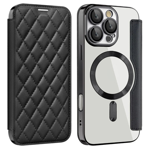 For iPhone 16 Pro Case Compatible with MagSafe Rhombus PU Leather Phone Cover - Black - 1