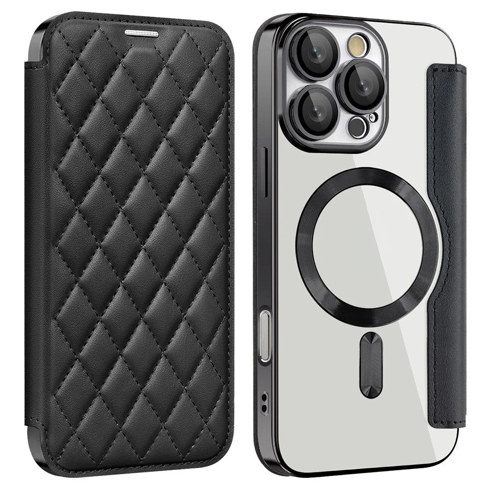 For iPhone 16 Pro Case Compatible with MagSafe Rhombus PU Leather Phone Cover - Black - 1