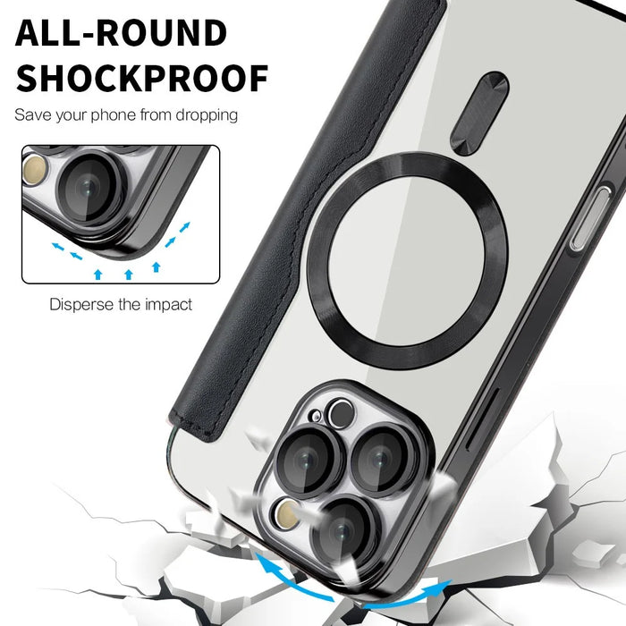 For iPhone 16 Pro Case Compatible with MagSafe PU Leather Card Slots Phone Cover - Black - 7