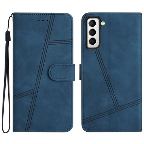 For Samsung Galaxy S21 4G / 5G Skin-touch Feeling Lines Imprinted Phone Case Vintage PU Leather Magnetic Flip Cover with Wallet Stand - Blue - 1