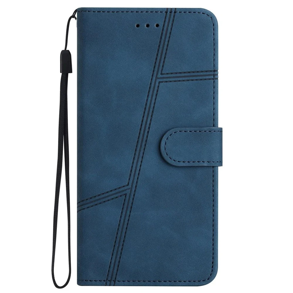 For Samsung Galaxy S21 4G / 5G Skin-touch Feeling Lines Imprinted Phone Case Vintage PU Leather Magnetic Flip Cover with Wallet Stand - Blue - 7