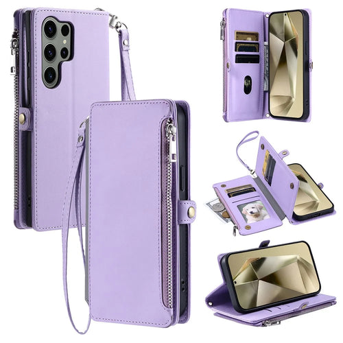 015 Style For Samsung Galaxy S24 Ultra Case TPU+PU Leather Wallet Phone Cover with Straps - Purple - 1