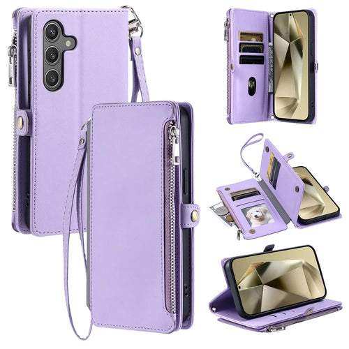 015 Style For Samsung Galaxy A55 5G Shockproof Case with Straps Leather Wallet Phone Cover - Purple - 1
