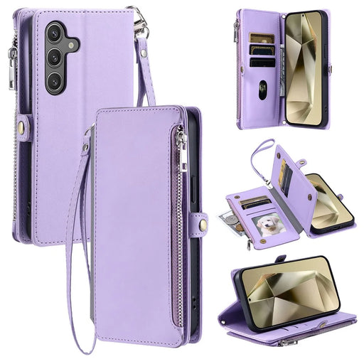 015 Style For Samsung Galaxy A55 5G Shockproof Case with Straps Leather Wallet Phone Cover - Purple - 1