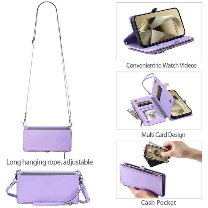 015 Style For Samsung Galaxy A55 5G Shockproof Case with Straps Leather Wallet Phone Cover - Purple - 5
