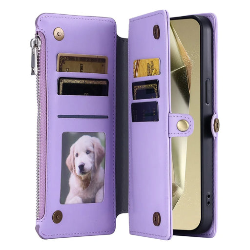 015 Style For Samsung Galaxy A54 5G Case Zipper Pocket Card Slots Leather Phone Cover with Straps - Purple - 2