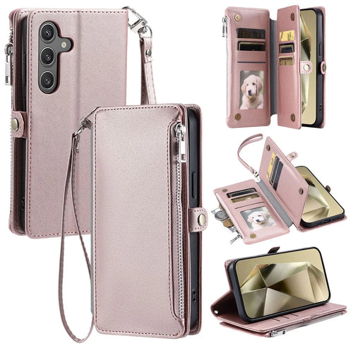 015 Style For Samsung Galaxy A34 5G Case Shockproof Leather Wallet Phone Cover with Straps - Rose Gold - 1