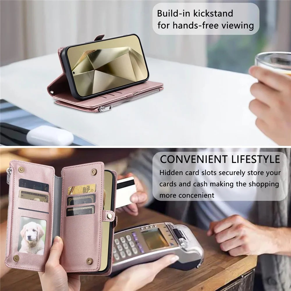 015 Style For Samsung Galaxy A34 5G Case Shockproof Leather Wallet Phone Cover with Straps - Rose Gold - 7