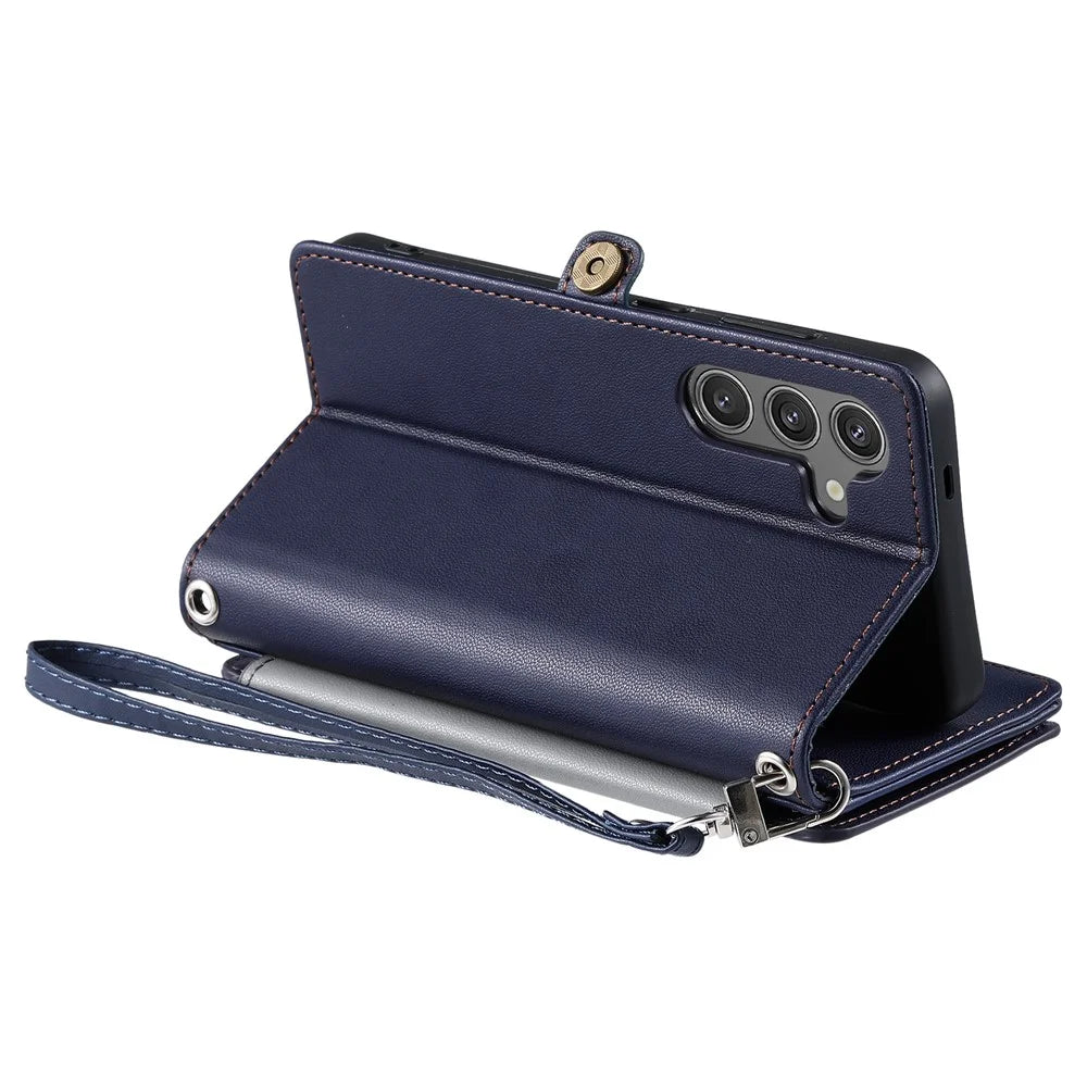 015 Style For Samsung Galaxy A25 5G (Global) (161.0 X 76.5 X 8.3mm) Phone Case Leather Wallet Cover - Blue - 6