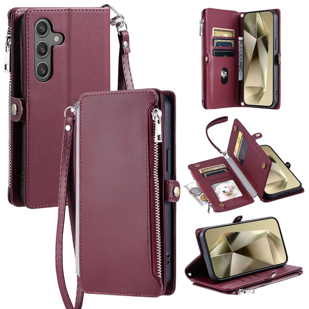 015 Style For Samsung Galaxy A15 5G / A15 4G Zipper Wallet Case Leather Phone Cover - Wine Red - 1