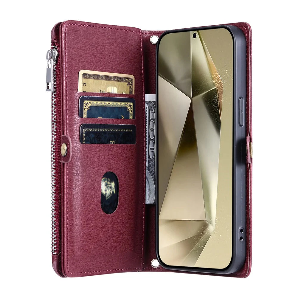 015 Style For Samsung Galaxy A15 5G / A15 4G Zipper Wallet Case Leather Phone Cover - Wine Red - 3