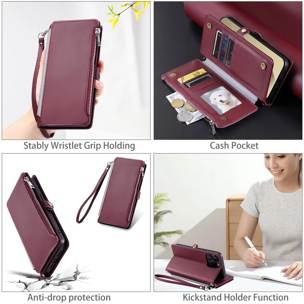 015 Style For Samsung Galaxy A15 5G / A15 4G Zipper Wallet Case Leather Phone Cover - Wine Red - 7