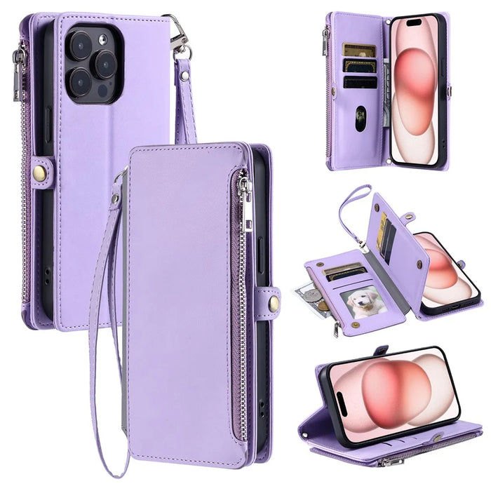 015 Style For iPhone 16 Pro Max Wallet Case Anti-Scratch Leather Phone Cover with Straps - Purple - 1