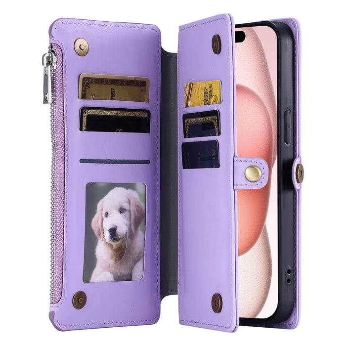 015 Style For iPhone 16 Pro Max Wallet Case Anti-Scratch Leather Phone Cover with Straps - Purple - 4