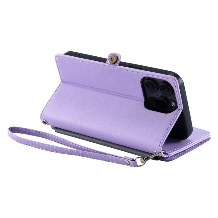 015 Style For iPhone 16 Pro Max Wallet Case Anti-Scratch Leather Phone Cover with Straps - Purple - 6