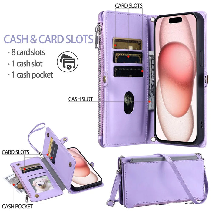 015 Style For iPhone 16 Plus Case Scratch-Resistant Leather Wallet Phone Cover with Straps - Purple - 7
