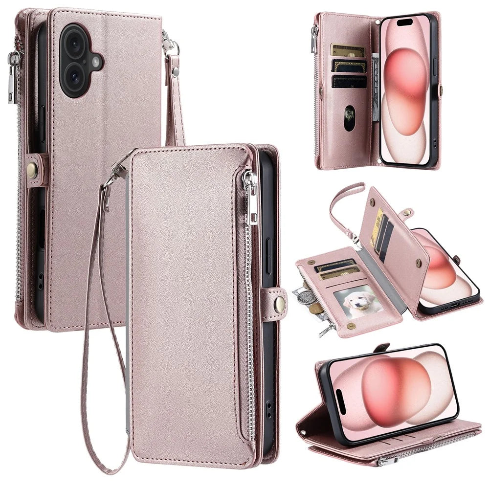 015 Style For iPhone 16 Case Anti-Scratch Card Slots Leather Phone Cover with Straps - Rose Gold - 1