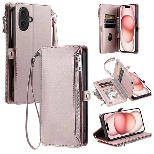 015 Style For iPhone 16 Case Anti-Scratch Card Slots Leather Phone Cover with Straps - Rose Gold - 1