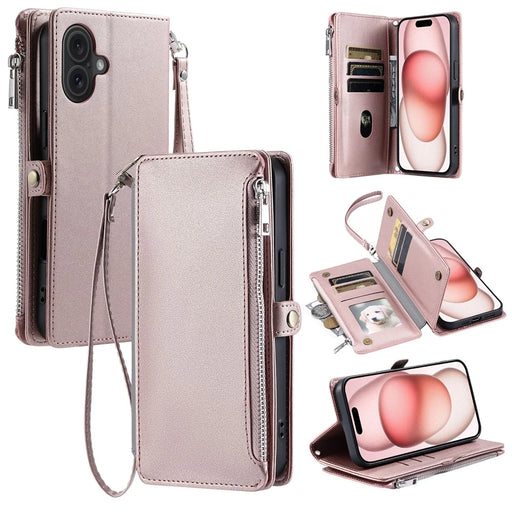015 Style For iPhone 16 Case Anti-Scratch Card Slots Leather Phone Cover with Straps - Rose Gold - 1