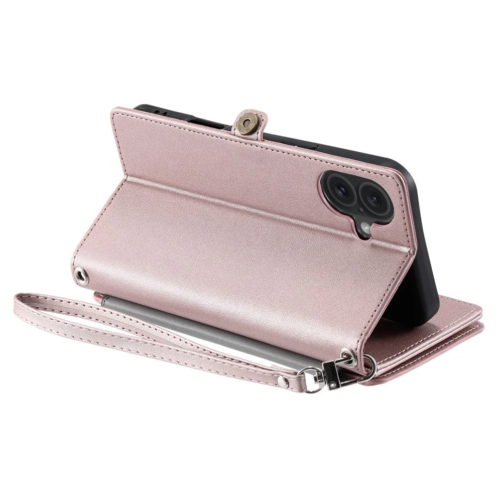 015 Style For iPhone 16 Case Anti-Scratch Card Slots Leather Phone Cover with Straps - Rose Gold - 6