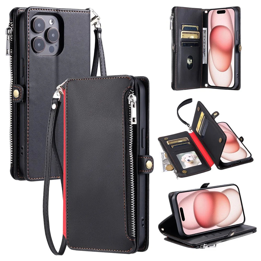 015 Style For iPhone 15 Pro Max Case Zipper Pocket Leather Wallet Phone Cover - Black - 1
