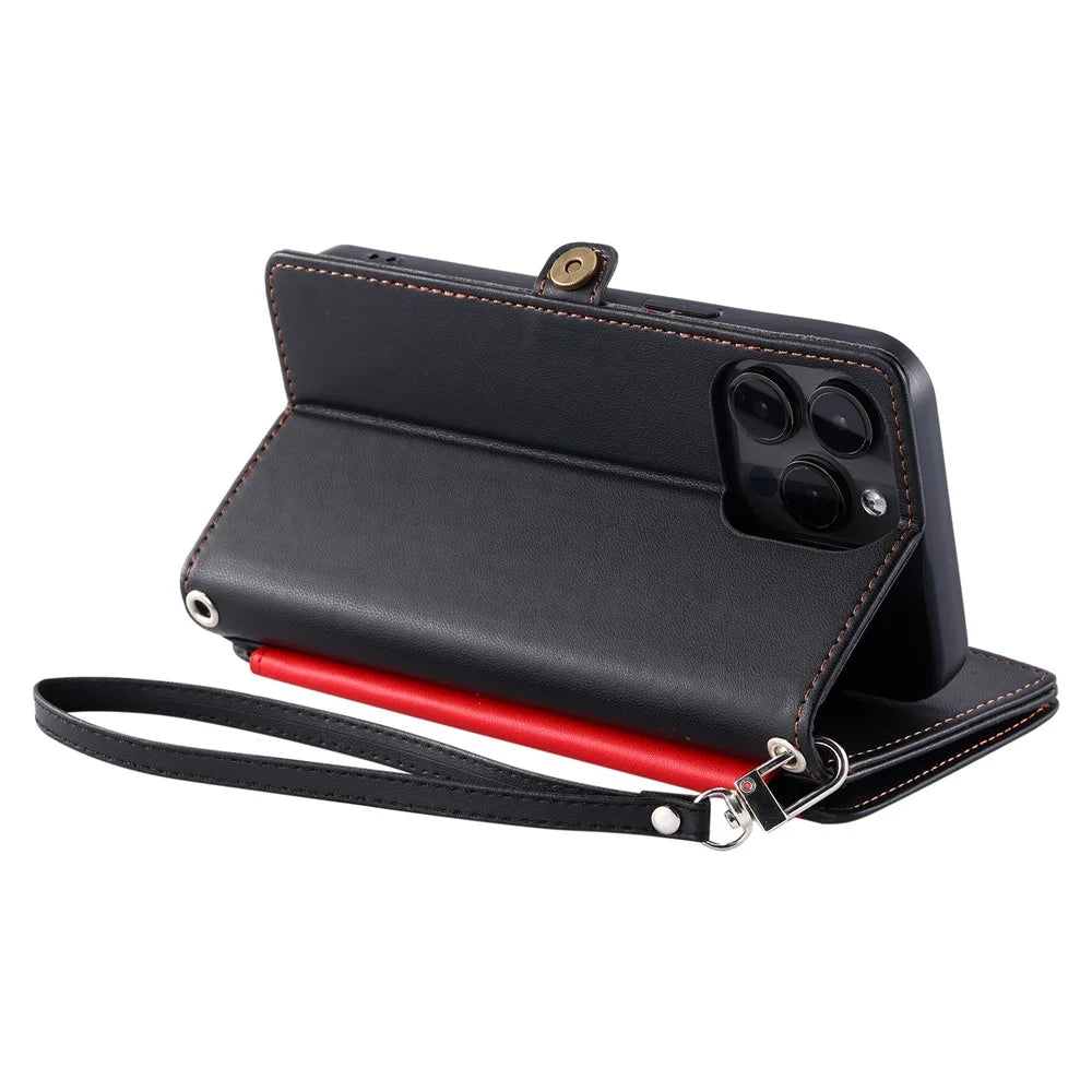 015 Style For iPhone 15 Pro Max Case Zipper Pocket Leather Wallet Phone Cover - Black - 6
