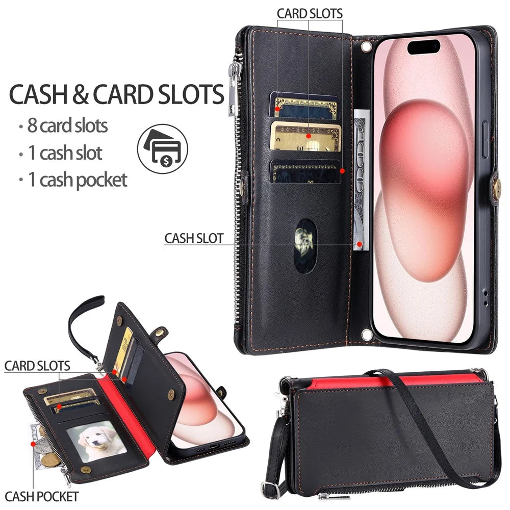 015 Style For iPhone 15 Pro Max Case Zipper Pocket Leather Wallet Phone Cover - Black - 7