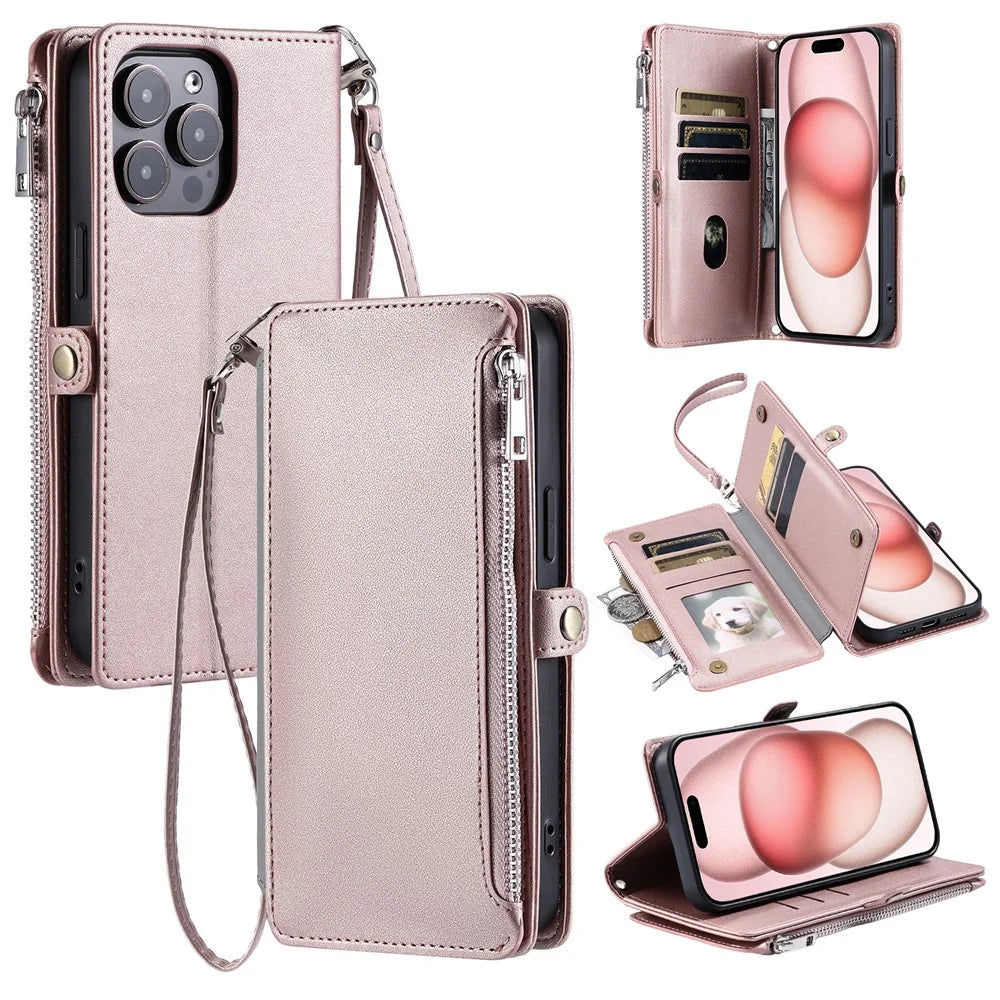 015 Style For iPhone 15 Pro Stand Case Leather Zipper Pocket Phone Cover with Strap - Rose Gold - 1