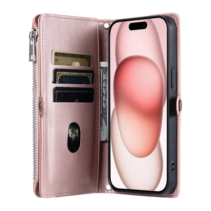 015 Style For iPhone 15 Pro Stand Case Leather Zipper Pocket Phone Cover with Strap - Rose Gold - 2