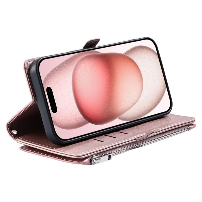 015 Style For iPhone 15 Pro Stand Case Leather Zipper Pocket Phone Cover with Strap - Rose Gold - 3