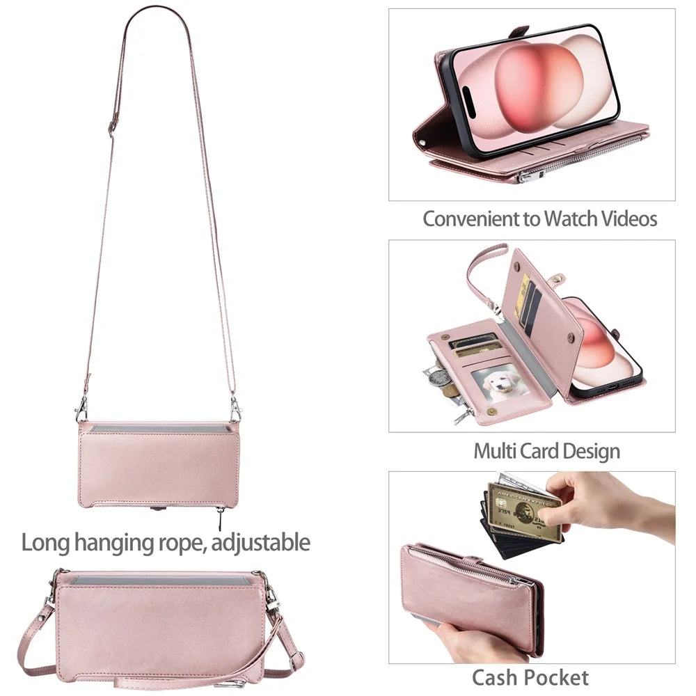 015 Style For iPhone 15 Pro Stand Case Leather Zipper Pocket Phone Cover with Strap - Rose Gold - 5