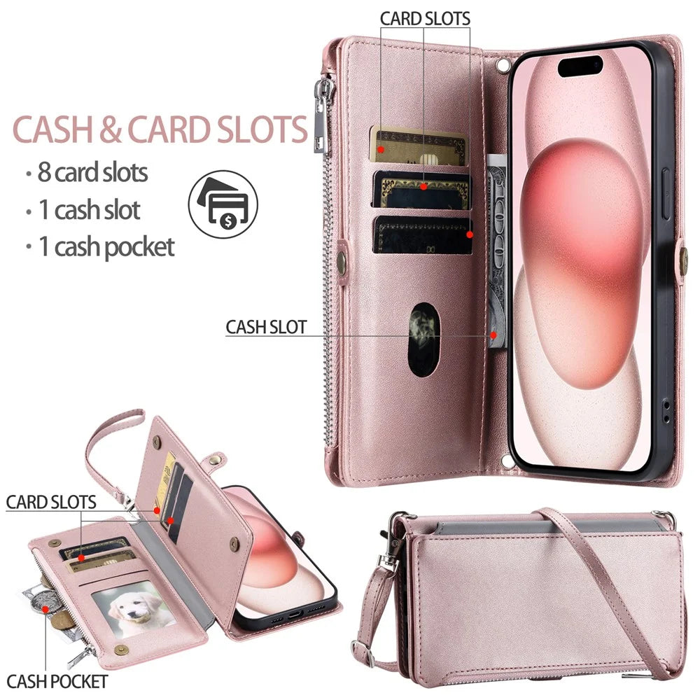 015 Style For iPhone 15 Pro Stand Case Leather Zipper Pocket Phone Cover with Strap - Rose Gold - 7