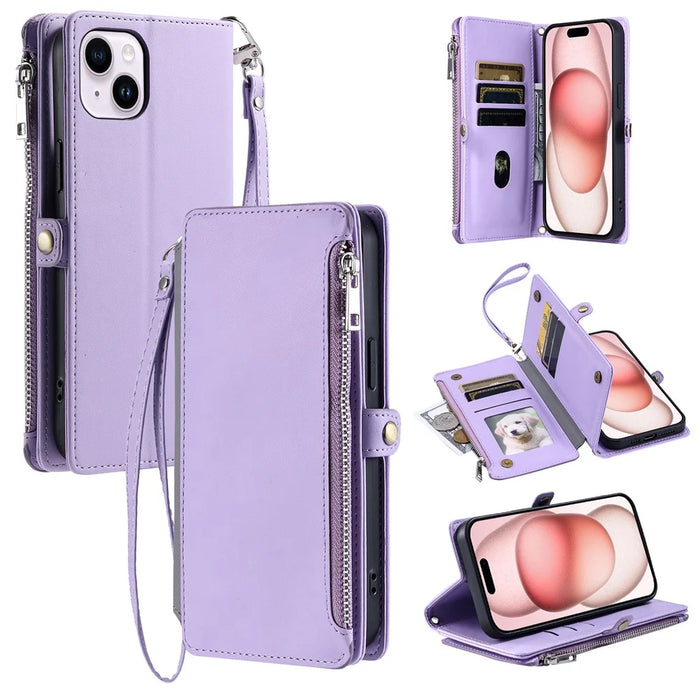 015 Style For iPhone 15 Leather Case Zipper Pocket Shockproof Phone Cover - Purple - 1
