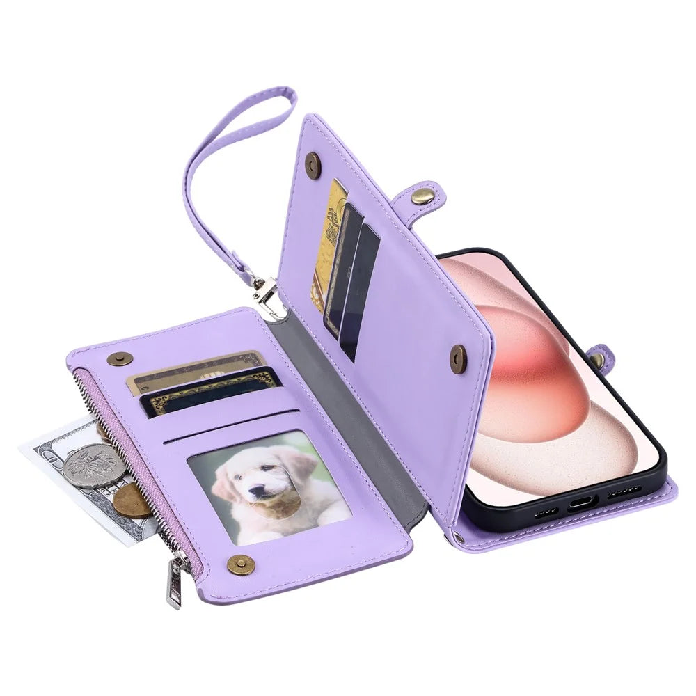 015 Style For iPhone 15 Leather Case Zipper Pocket Shockproof Phone Cover - Purple - 4