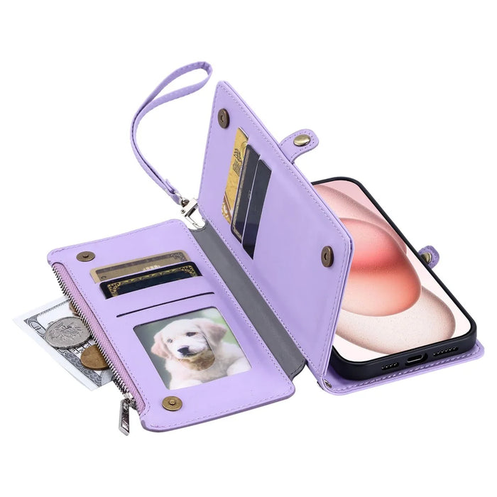 015 Style For iPhone 15 Leather Case Zipper Pocket Shockproof Phone Cover - Purple - 4