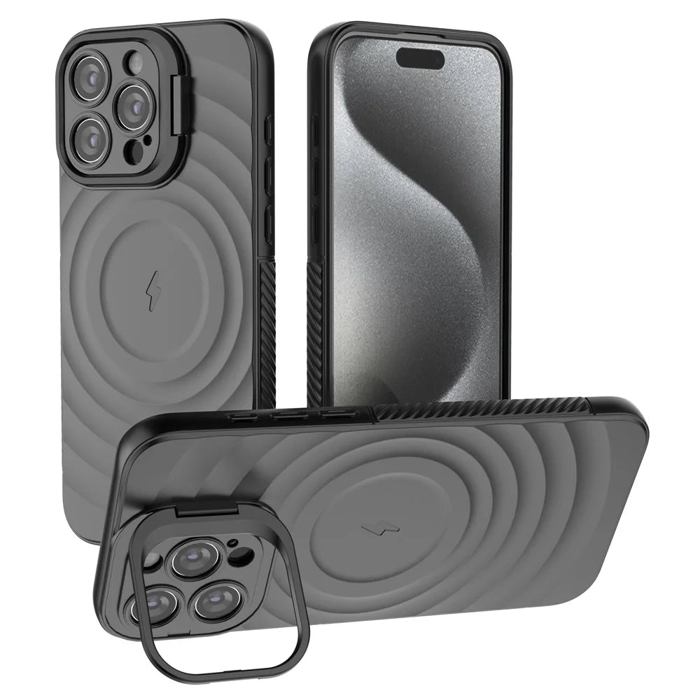 For iPhone 16 Pro Max Case PC Kickstand Ripple Texture TPU Phone Cover Compatible with MagSafe - Black - 1