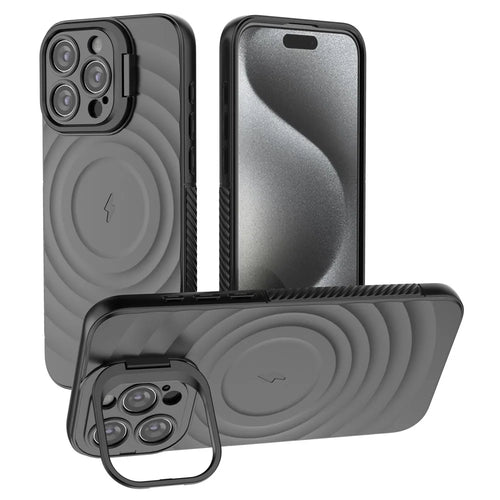 For iPhone 16 Pro Max Case PC Kickstand Ripple Texture TPU Phone Cover Compatible with MagSafe - Black - 1