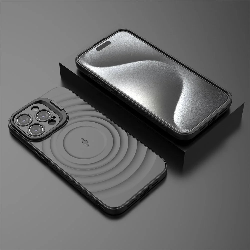 For iPhone 16 Pro Max Case PC Kickstand Ripple Texture TPU Phone Cover Compatible with MagSafe - Black - 7