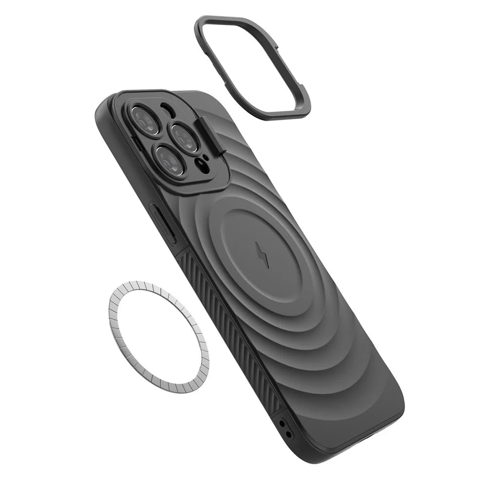 For iPhone 16 Pro Magnetic Case PC Kickstand Ripple Texture TPU Phone Cover - Black - 4