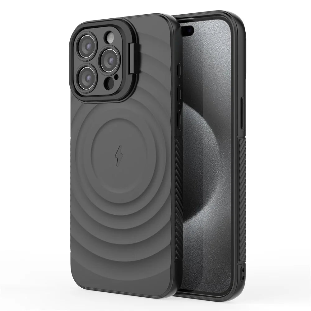 For iPhone 16 Pro Magnetic Case PC Kickstand Ripple Texture TPU Phone Cover - Black - 5
